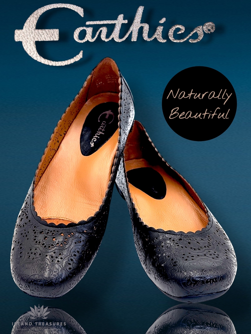 Earthies "Bindi" Size 7.5B Black Perforated Floral Leather Ballet Flats Footbed